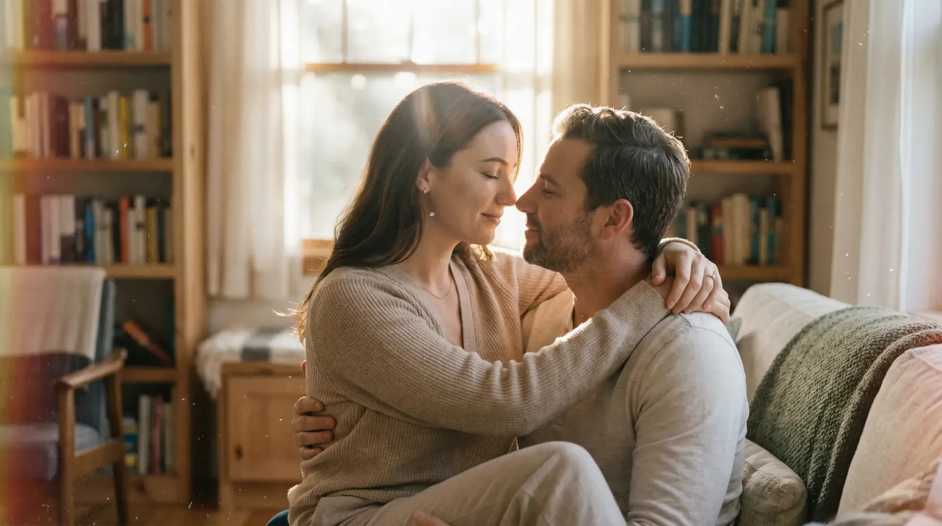 Pareja abrazándose con efectos gráficos que representan conexión y tranquilidad