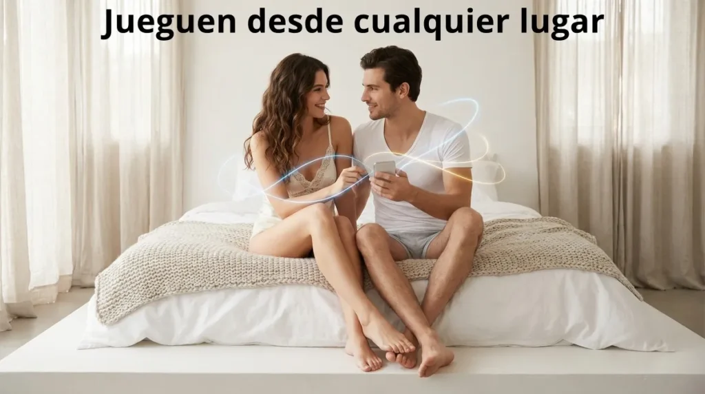 Love Spouse Vibrador Interactivo: Pareja con teléfonos sonriendo, con efectos gráficos que representan conexión íntima
