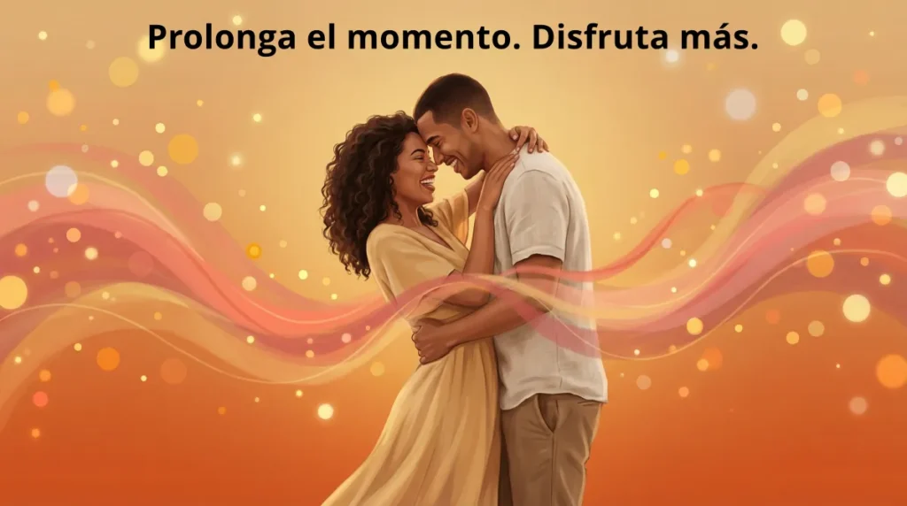 Retardante Sexual Masculino Peineili: Pareja abrazándose en pose sugerente con efectos gráficos que evocan conexión