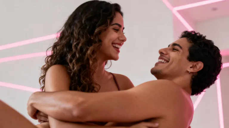 Pareja joven en pose sugerente y feliz, con diseño gráfico sensual que evoca placer