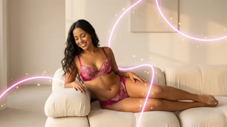 Vibrador Sanppy: Mujer en pose sugerente y feliz con efectos gráficos que evocan placer, estilo moderno