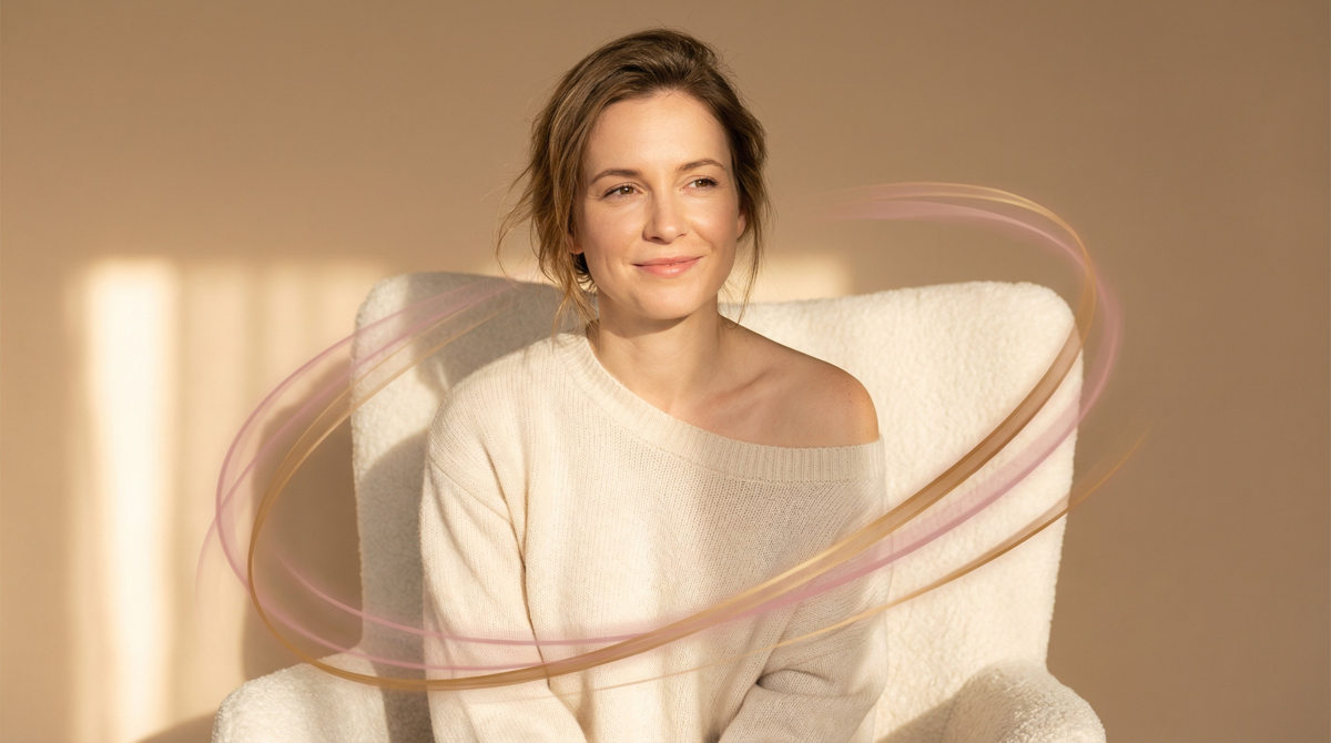 Lubricantes íntimos: Mujer en pose sugerente con efectos gráficos suaves que evocan comodidad y fluidez