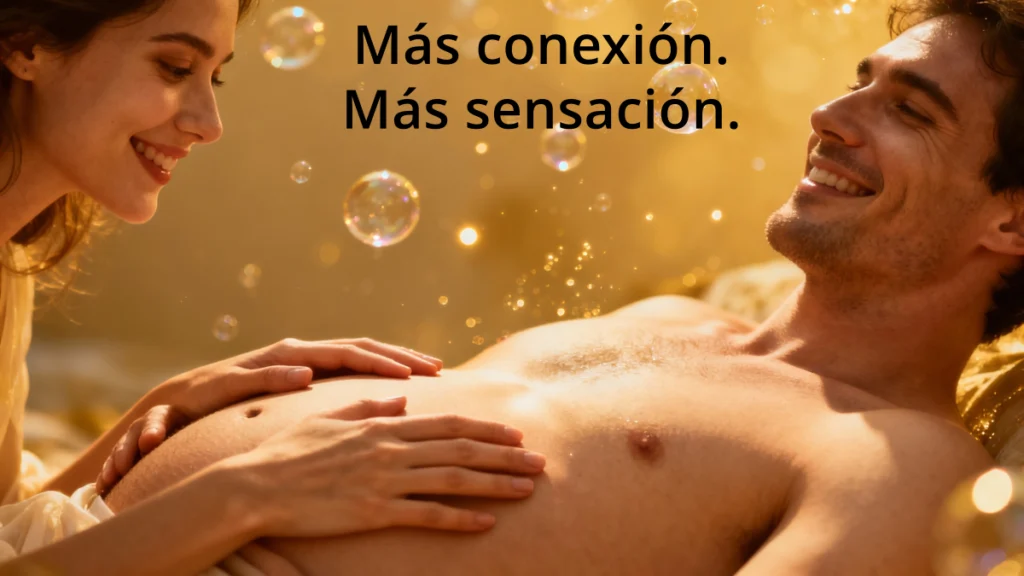 Anillo vibrador Penis Ring II: Manos en contacto íntimo sobre el cuerpo masculino con efectos gráficos que evocan placer