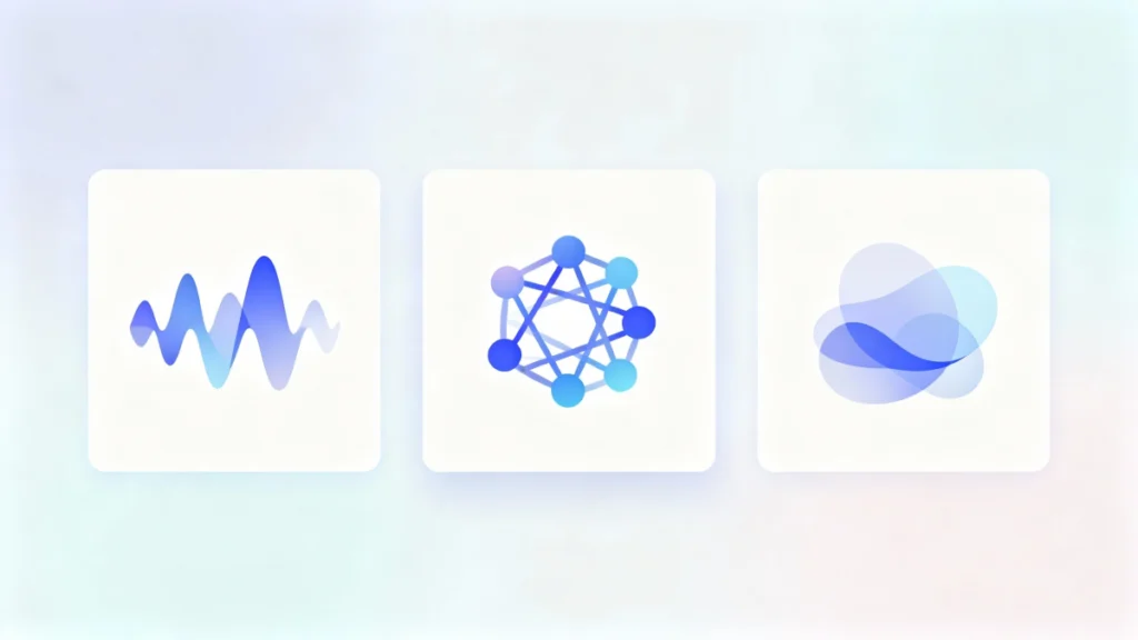 Anillo Vibrador Penis Ring II: Infografía conceptual de tres íconos sobre vibración, conexión y placer en estilo minimalista