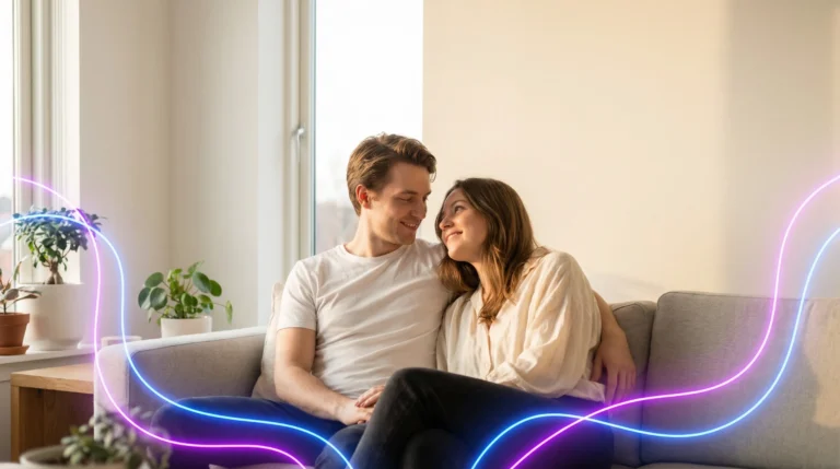 Pareja joven sonriendo en pose sugerente con efectos gráficos suaves que evocan comodidad