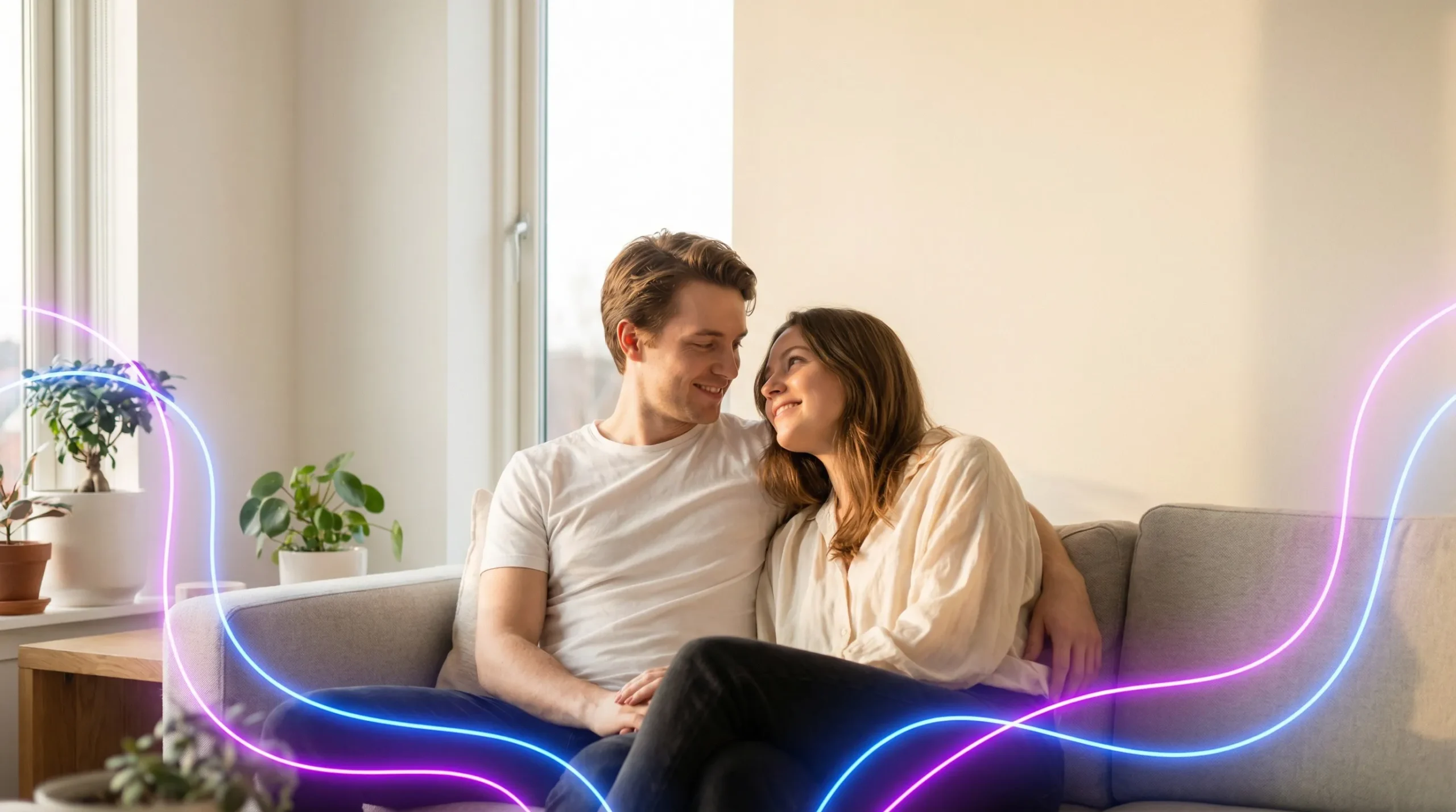 Pareja joven sonriendo en pose sugerente con efectos gráficos suaves que evocan comodidad