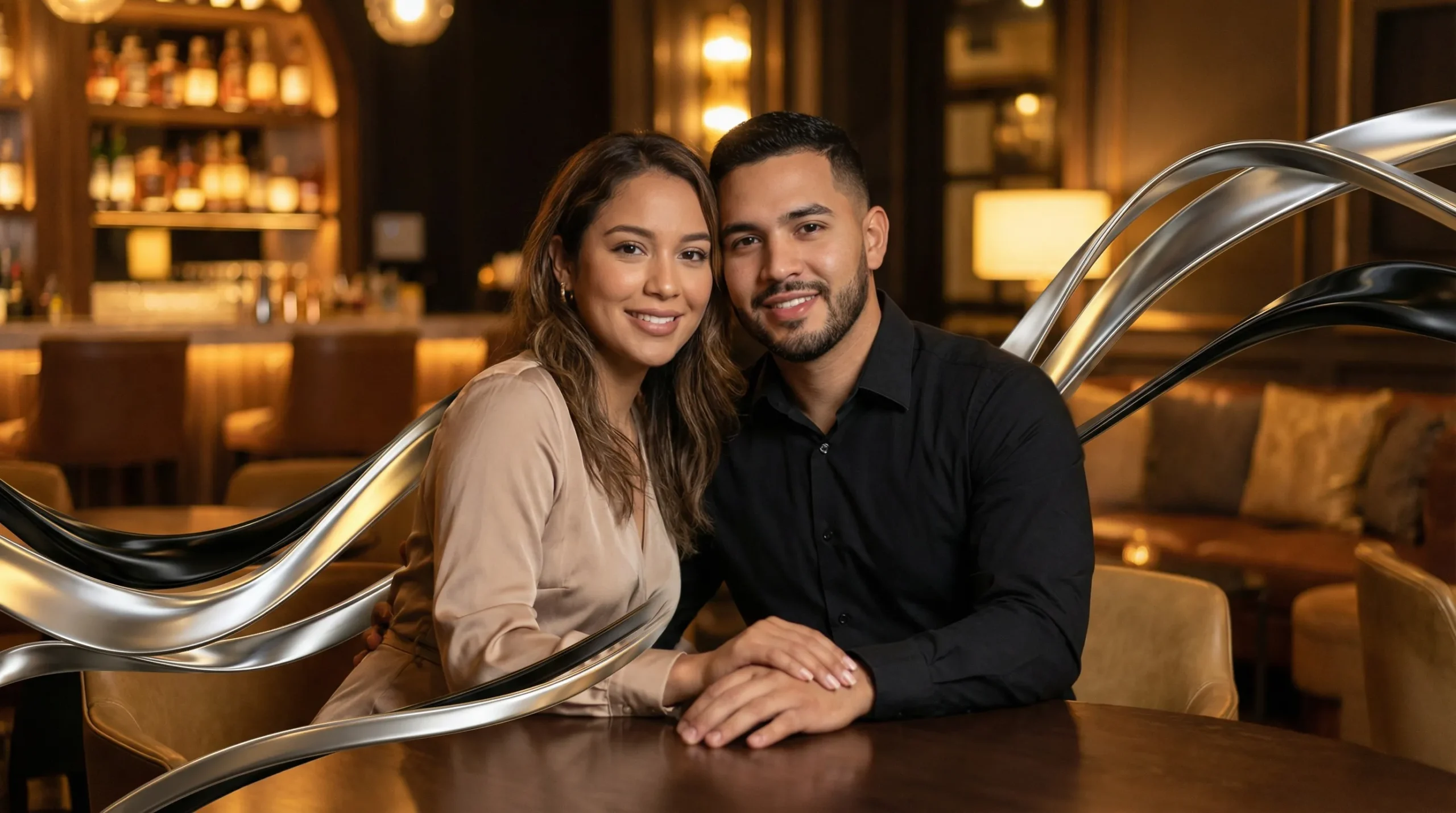 Pareja sentada en pose sugerente con efectos gráficos en tonos negro y plata que evocan sofisticación