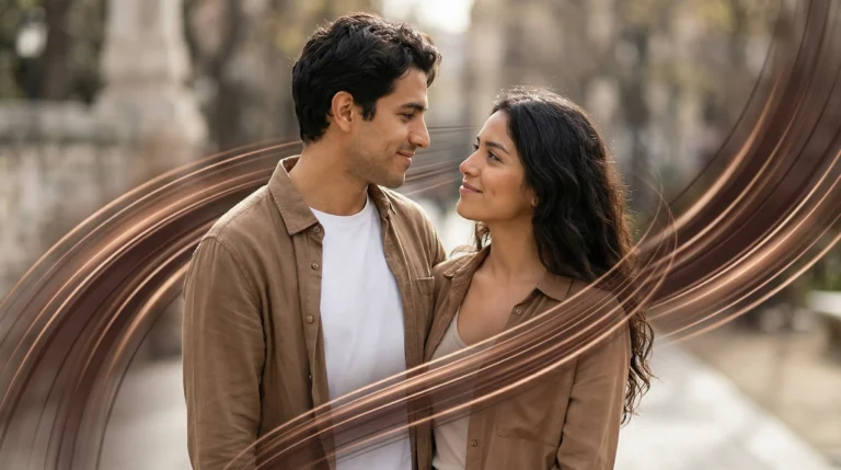 Pareja en pose suave con efectos que evocan firmeza y realismo