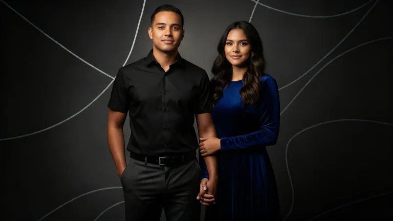 Pareja uniendo manos con efectos gráficos que evocan elegancia y conexión