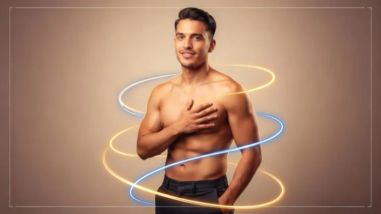 Hombre joven en pose confiada con efectos gráficos que evocan control y seguridad