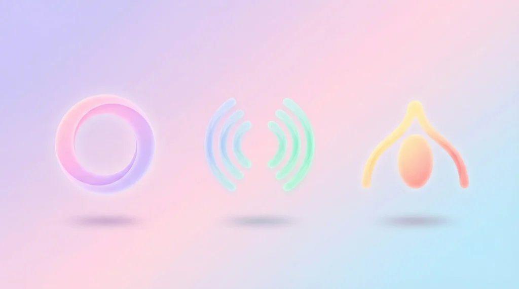 Anillo Vibrador ODIN: Infografía conceptual con íconos sobre anillo, vibración y estimulación clitorial